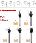 Premium Carbide Tipped V Groove Router Bits Deliver Rock Solid Accuracy For Daily Shop Work Featuring Straight Fire Results And A Battle Ready 1/4 Inch Shank For Smooth Carving Projects, five piece set with various angles.