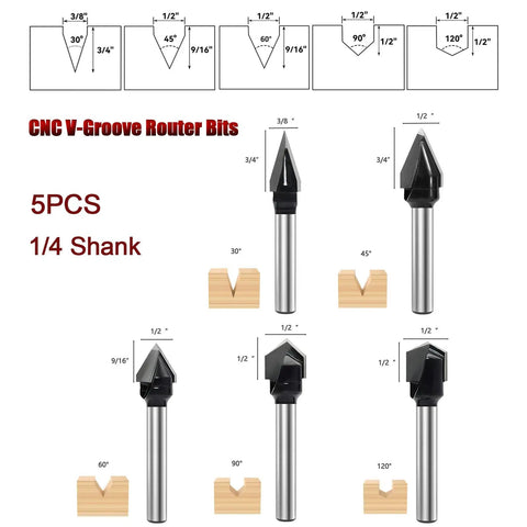 Premium Carbide Tipped V Groove Router Bits Deliver Rock Solid Accuracy For Daily Shop Work Featuring Straight Fire Results And A Battle Ready 1/4 Inch Shank For Smooth Carving Projects, five piece set with various angles.