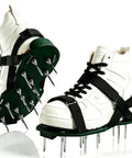 Lawn Aerator Shoes With 26 Spikes Self Cleaning Garden Spike Sandals With Adjustable Straps shown in white with black straps