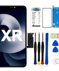 IPhone XR Screen Replacement 6.1 Inch With 3D Touch LCD Display Digitizer Assembly And Tempered Glass Repair Tools Included Compatible With A1984 A2105 A2106 A2108, showing tools and components