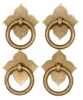 Set Of 4 Vintage Antique Bronze Ring Pulls In Pure Solid Brass Four Leaf Clover Base Retro Cabinet Hardware For Cabinets And Furniture Ring Diameter 1.375 Inches Base Diagonal 1.7 Inches Elegant Classic Style arranged in a square layout.