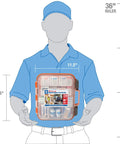 Front view of 336-piece all-purpose first aid kit in clear plastic case with orange latches