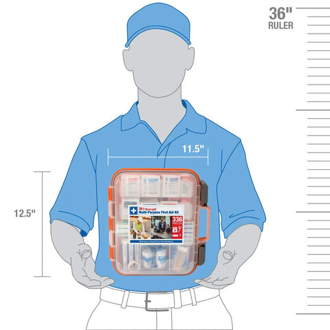Front view of 336-piece all-purpose first aid kit in clear plastic case with orange latches