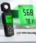 Pro Grade Lux Meter With 0 To 200000 Lux Range And 180 Degree Rotating Sensor, Backlit LCD, Handheld illuminance tool on black body
