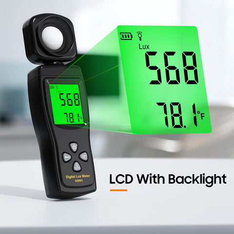 Pro Grade Lux Meter With 0 To 200000 Lux Range And 180 Degree Rotating Sensor, Backlit LCD, Handheld illuminance tool on black body