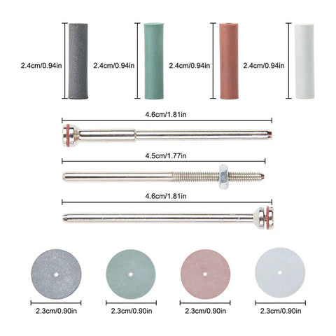 All In One Rotary Tool Polishing Wheels Kit Pro Grade with 4 colored silicone buffing wheels, 6 mandrel shanks, and dimensions shown