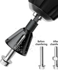Straight Fire Deburring And Chamfering Tool With Tungsten Carbide Blades Quick Release Quarter Hex Shank Burr Removal Bit For Steel And Metal Fast Chip Clearance Range showing chamfering process on bolt.