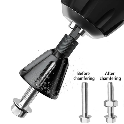 Straight Fire Deburring And Chamfering Tool With Tungsten Carbide Blades Quick Release Quarter Hex Shank Burr Removal Bit For Steel And Metal Fast Chip Clearance Range showing chamfering process on bolt.