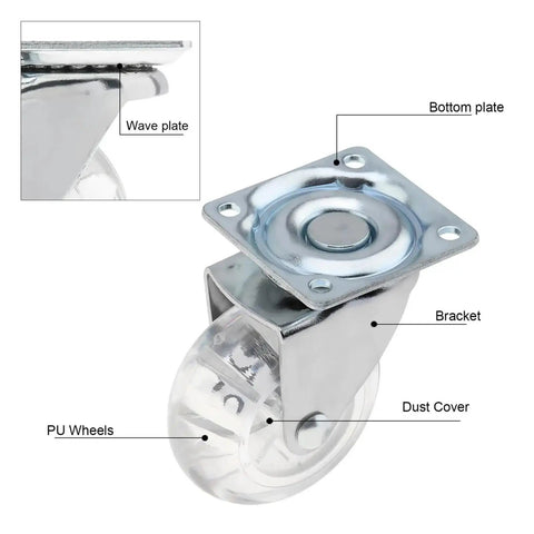 4 Pack 2 Inch Transparent Silent Universal Casters Crystal Wheels For Office Chair And Small Cart Smooth 360 Degree Rotation Noise Free Glide Easy Replacement with detailed view of PU wheels and bracket.