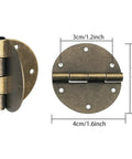 Top Tier Antique Brass Small Hinges For Furniture And DIY Projects Includes Twenty Four Mounting Screws Rust Resistant Vintage Metal Folding Hardware with measurements and close-up view.