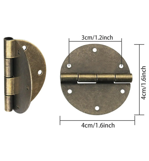 Top Tier Antique Brass Small Hinges For Furniture And DIY Projects Includes Twenty Four Mounting Screws Rust Resistant Vintage Metal Folding Hardware with measurements and close-up view.