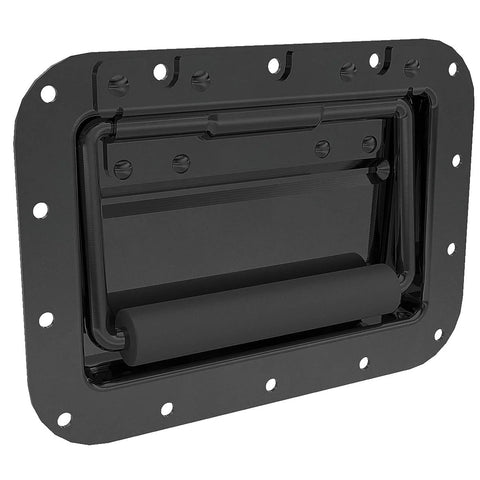 Four Pack Large Spring Loaded Recessed Steel Handles With Black Powder Coat And Padded Rubber Grip For Case Chest Box Cabinet And Speaker Enclosures, 7 Inch Wide By 5 Inch High By 0.71 Inch Deep, 16 Gauge Steel, Three Quarter Inch Bail Stops At Ninety
