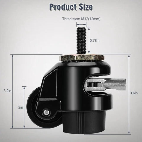 Heavy Duty Leveling Stem Casters Set Of Four Retractable Furniture Wheels Black Thread Base Mover For Machines Shelves And Workshop Equipment Hella Durable Tough As Nails Smooth Rolling Heavy Load Ball Bearing Rollers, side view with dimensions.