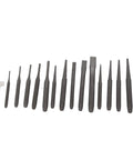 Kickin Tough 16 Piece Metalsmith Punch And Chisel Set For Auto Repairs, pin center and cold chisel steel tools in a row