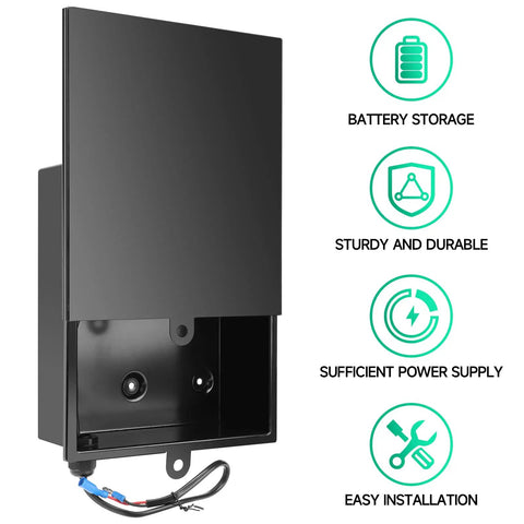 Heavy Duty 12V Battery Box Housing Built Tough For Deer Feeders And Gate Openers weatherproof black box with lid and wiring connectors.