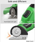 Cordless Cardboard Cutter With Rechargeable 4V Motor Electric Box Cutter showing LED light, safety lock, and blade guard