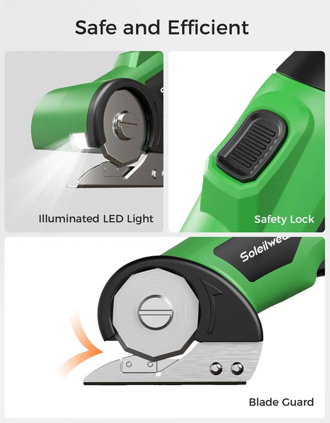 Cordless Cardboard Cutter With Rechargeable 4V Motor Electric Box Cutter showing LED light, safety lock, and blade guard