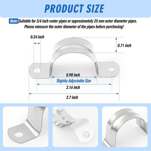 Dimensions of 100 Pack 1 Inch Opening Stainless Steel Conduit Clamps 304 2 Hole U Brackets, 0.24 inch screw holes, 2.7 inch length