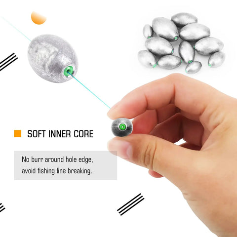 Hand holding removable egg lead fishing sinker, set of 20 for saltwater drop shot fishing, 1/10 oz, lightweight and streamlined oval weights.