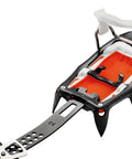 Close-up of Vasak Llu 12 Point Crampons For Classic Mountaineering With Long Wide Front Points, featuring heel lever and antisnow system.