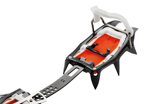Close-up of Vasak Llu 12 Point Crampons For Classic Mountaineering With Long Wide Front Points, featuring heel lever and antisnow system.