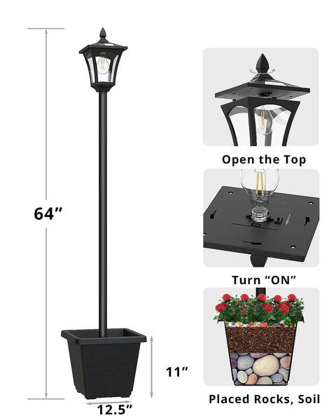 Solar Post Light With Planter 64 Inch Outdoor Garden Lamp For Backyard Pathway Patio And Front Door, setup details shown