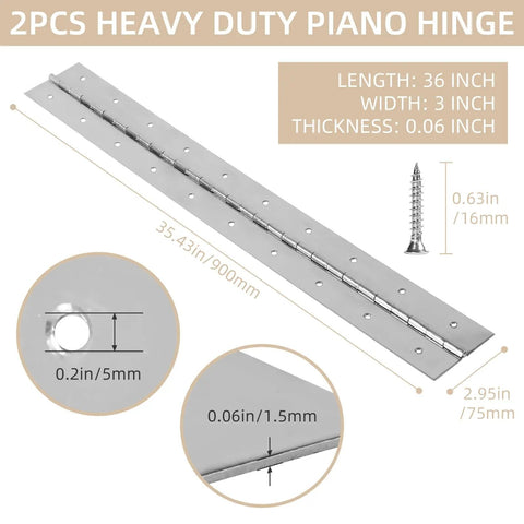 Heavy Duty Stainless Steel Piano Hinges, 36 Inch Continuous Door Hardware With Screws shown with dimensions and details.
