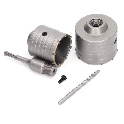 Heavy Duty 5 Piece Concrete Hole Saw Set With 65mm And 80mm Masonry Drill Bits For Brick, Stone Walls Built Tough From 45 Steel YG8 Alloy For Rock Solid Drilling Results On Jobsites Today.