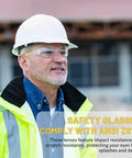Man wearing Anti Fog Safety Glasses Bulk For Men With ANSI Z87.1 Certification For Jobsite Industrial Lab And Gardening