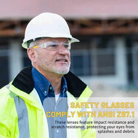 Man wearing Anti Fog Safety Glasses Bulk For Men With ANSI Z87.1 Certification For Jobsite Industrial Lab And Gardening
