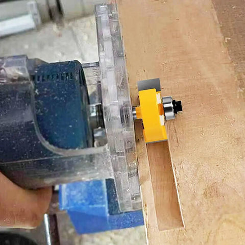 Quarter Inch Shank Rabbet Router Bit With Six Carbide Tips And Interchangeable Bearings in use on wood for cabinetry