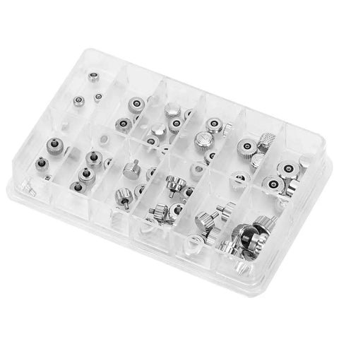 Watch Crown Replacement Kit With Round Head And Flat Head Crown Parts For All Types Of Watches in plastic storage box