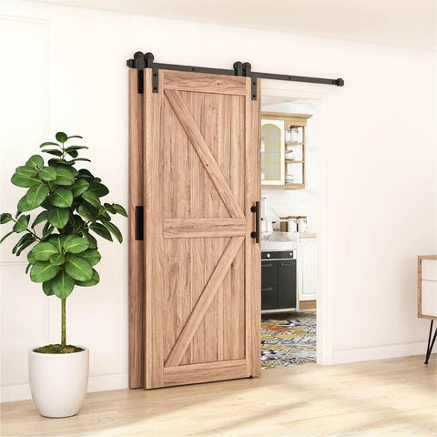 6FT Single Track Bypass Sliding Barn Door Hardware Kit for Double Doors installed in modern living room space