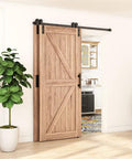 Smooth Riding Single Track Bypass Sliding Barn Door Hardware Kit For Two Doors Covers Five Feet Of Wall Space in wood finish.