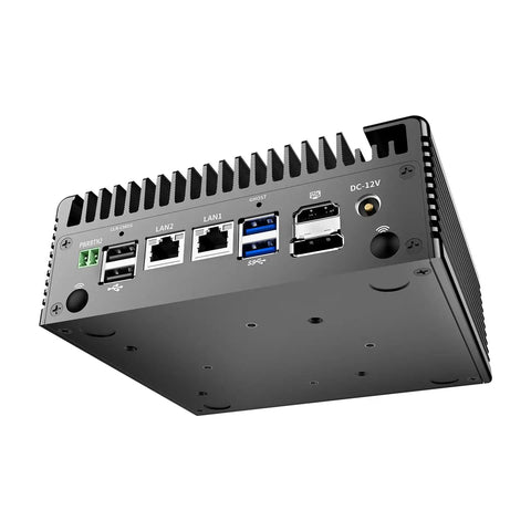 Intel Core I5 8250U Industrial Mini PC Dual Gigabit Ethernet Micro Router Barebone System ports and connections view.