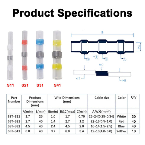 Heavy Duty Waterproof Heat Shrink Wire Connectors Kit 120 Pcs Solder Seal Butt Splice Terminals with specifications and dimensions.