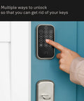 Rock Solid Smart Deadbolt With Wireless Wifi And Touchscreen Keypad For Hassle Free Keyless Entry Tight Auto Lock Security And Sleek Passage Lever Handle In Satin Nickel Pack Of Three, user entering code on keypad.