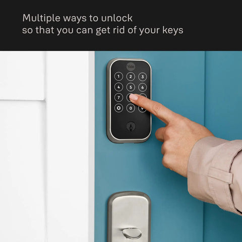 Rock Solid Smart Deadbolt With Wireless Wifi And Touchscreen Keypad For Hassle Free Keyless Entry Tight Auto Lock Security And Sleek Passage Lever Handle In Satin Nickel Pack Of Three, user entering code on keypad.