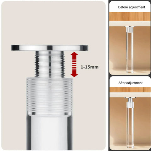 Adjustable Acrylic Furniture Legs 4 Piece Set With Screws, Beefy Heavy Duty Replacement Feet, height adjustment 1-15mm, 15 cm