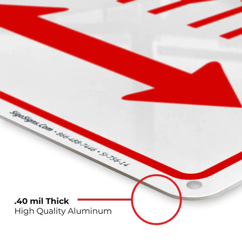 Detail of Heavy Duty No Parking Anytime Warning Sign With Bright Arrows Tough As Nails Rust Proof Aluminum Construction showing .40 mil thickness.