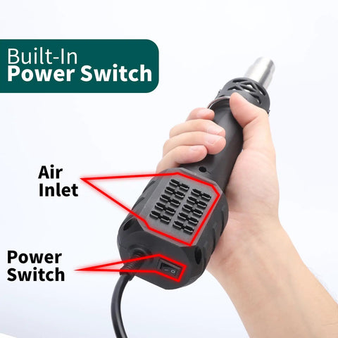Multi Purpose Heat Gun For Crafts And DIY Projects With Adjustable 212F To 932F Air Temperature, shown with power switch