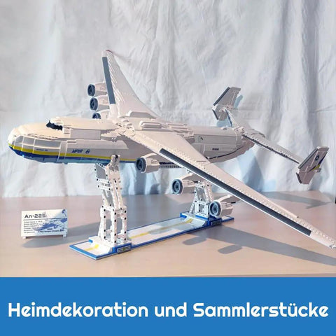 Display of Massive An-225 Large Transport Aircraft Building Blocks Set on stand showing detailed assembly and scale.