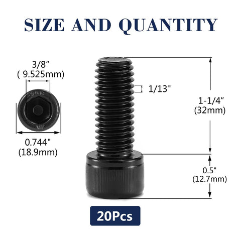 Top Shelf 1/2-13 X 1-1/4 Socket Head Cap Screws, 304 Stainless Steel Bolts detailed size chart for 20 pack.