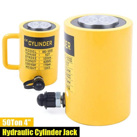 Beefy 50 Ton 4 Inch Stroke Hydraulic Cylinder Jack Ram 10000 PSI Single Acting Lift System With Chromium Plated Piston Heavy Duty Design For Auto Shop And Workshop Lightweight Yet Sturdy 635cc Capacity. Yellow 50-ton hydraulic cylinder jack with handle and 4-inch stroke