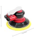Air Random Orbital Palm Sander For Pros, Heavy Duty Dual Action Pneumatic Sander With 6 Inch Backing Plate, angled view, dimensions shown.