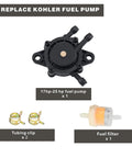 Replacement Fuel Pump Kit For Lawn Mowers And Garden Tractors Fits Briggs And Stratton 597338 808492 Kohler 17Hp To 27Hp Engines Kawasaki Cub Cadet Craftsman Gas Vacuum Pump Includes Vacuum Filter And Mounting Hoops shown with fuel pump, tubing clips, and fuel filter.