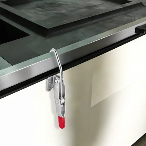 Heavy Duty J Hook Toggle Clamps 451 Type Bring Home Badass 330 Pound Locking Power Made From Rust Resistant Steel mounted on tool chest.