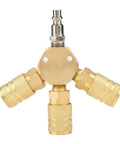 Three Way Air Manifold With Quick Connect Brass Body For Pneumatic Systems Compact 80 By 80 Millimeter Distribution Block With Three Outputs