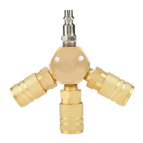Three Way Air Manifold With Quick Connect Brass Body For Pneumatic Systems Compact 80 By 80 Millimeter Distribution Block With Three Outputs