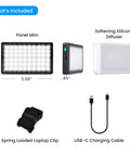Video Conference Lighting Kit For Zoom And Live Streaming Level Up Your On Screen Presence With Adjustable Brightness And Color Temperature Laptop Mount Included For Effortless Remote Work showing panel mini, silicone diffuser, clip, USB-C cable